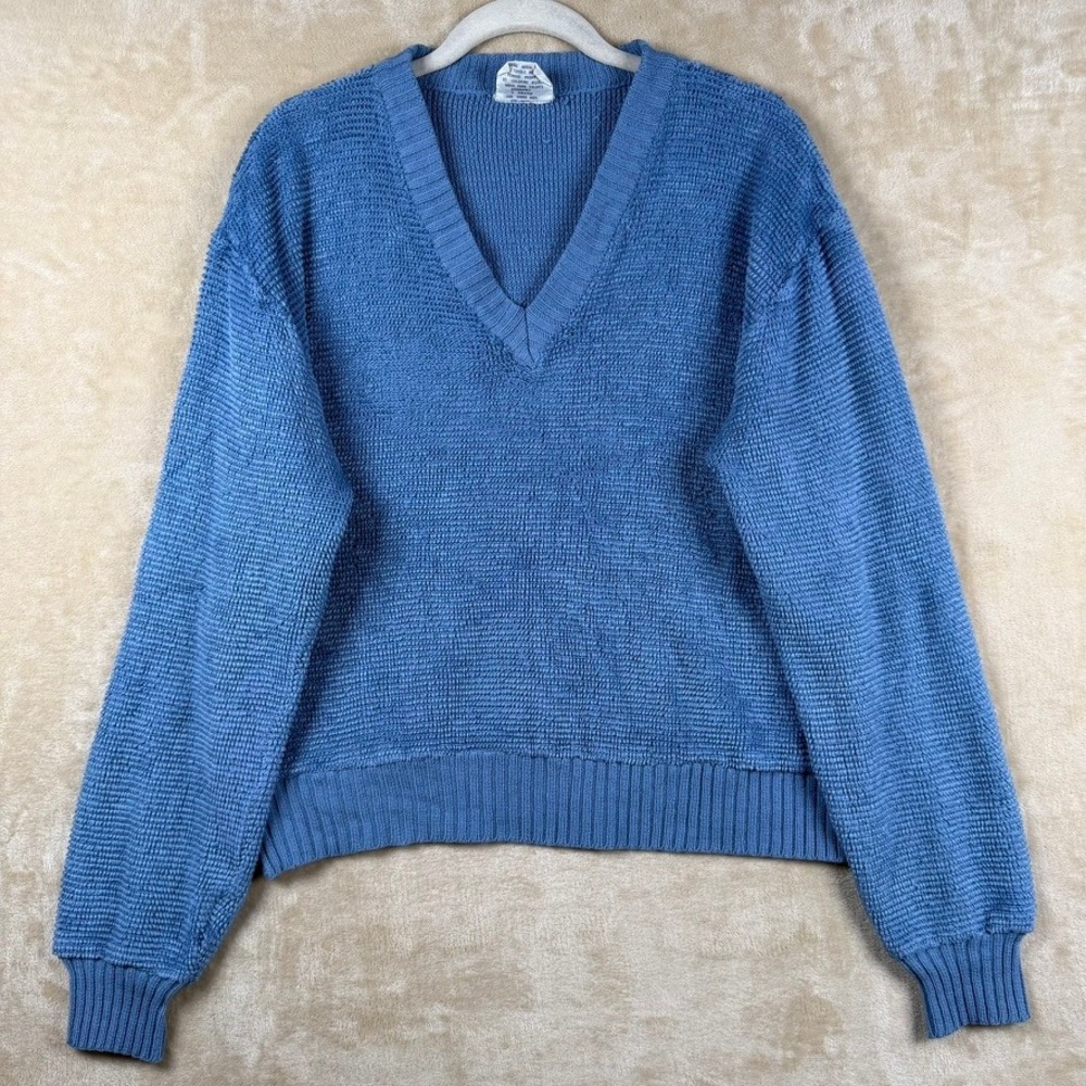 Saturdays in California Vintage Popcorn Knit V-Neck Sweater Blue XL 80s Retro